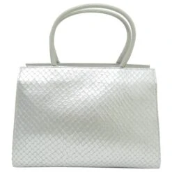 SAC A MAIN LONGCHAMP EN CUIR FACON PYTHON ARGENTE SILVER LEATHER HAND BAG Argenté